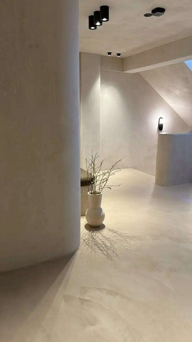 أرضية ميكروسمنت بدرجة دافئة في صالة مينيمالية