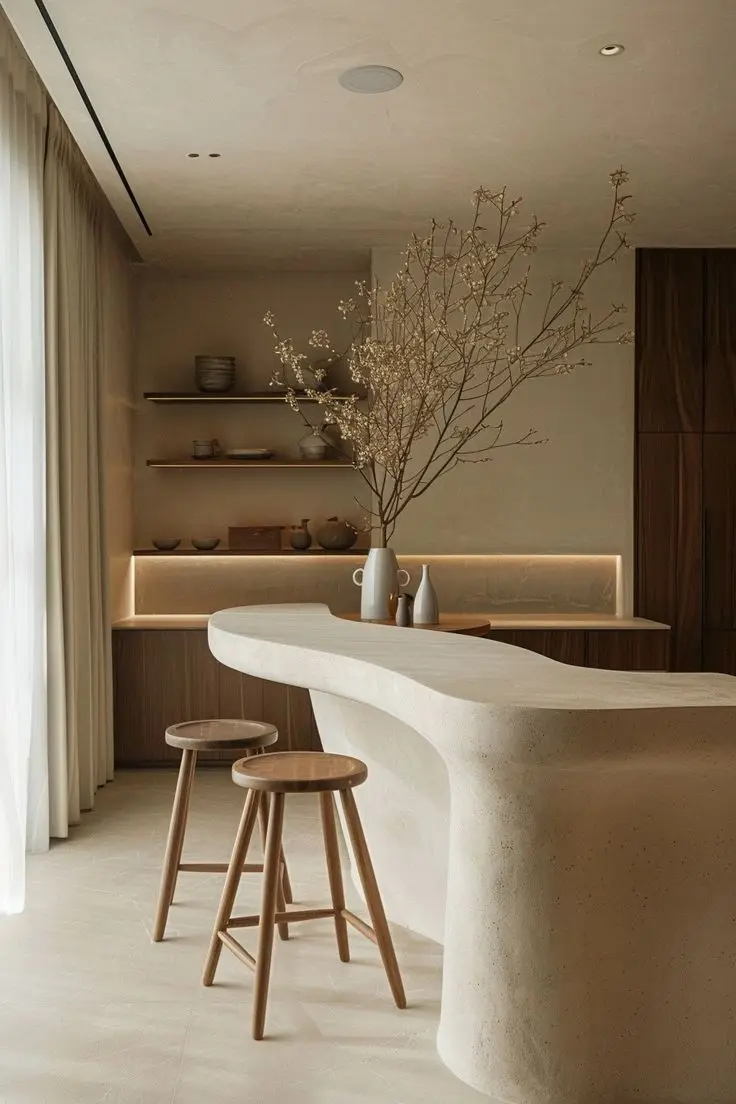 Curved microcement breakfast bar showing the material wrapping seamlessly around complex shapes.