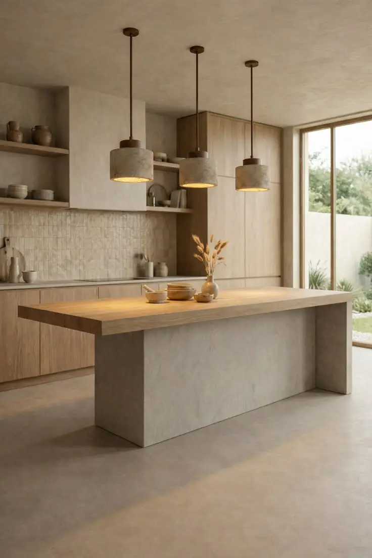 Japandi style kitchen with wooden countertop on a seamless microcement base.